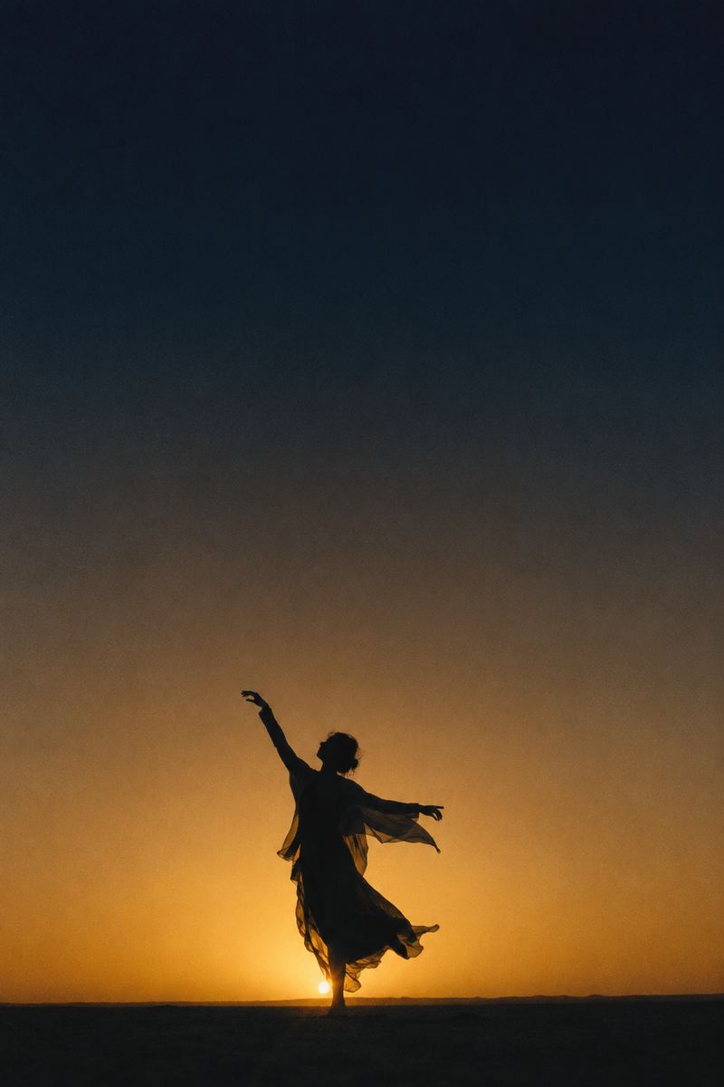 A figure dancing at sunset, in silhouette