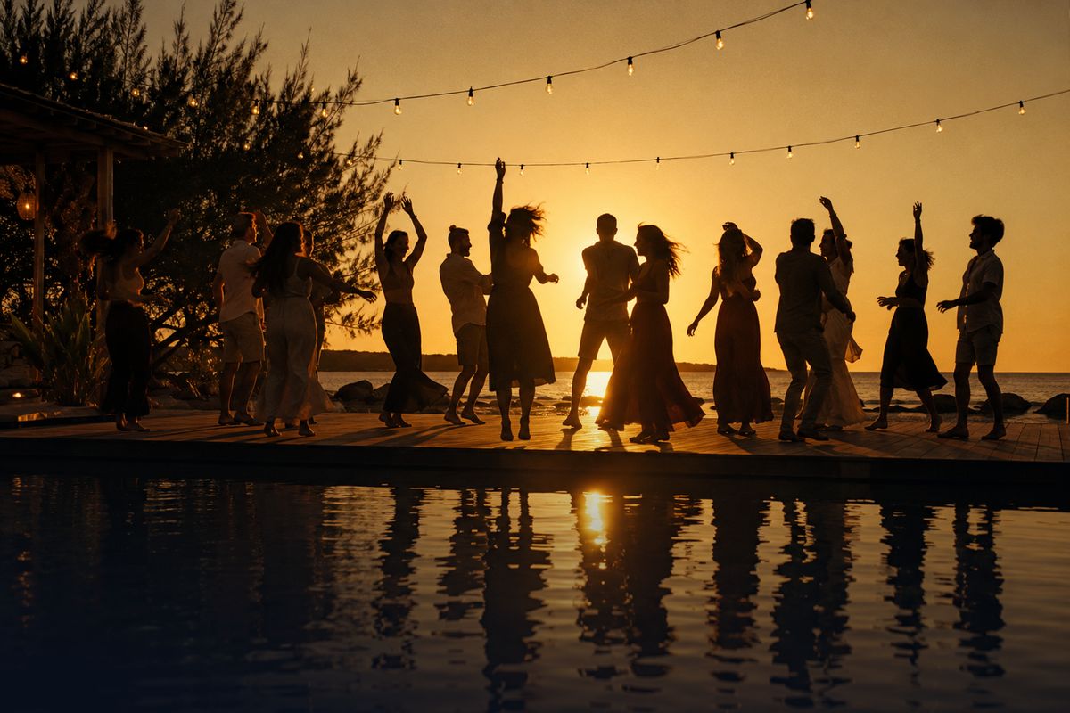 Gathering at sunset, live music