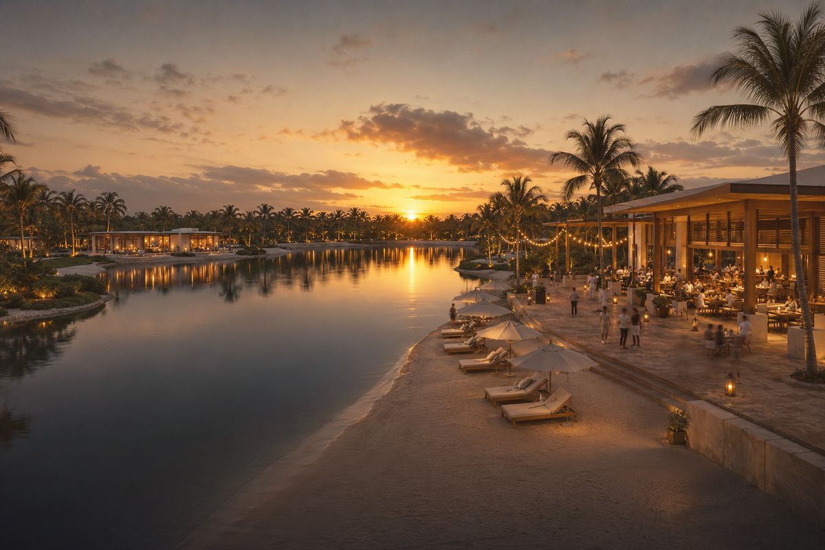 The lagoon shoreline and dining terrace at sunset